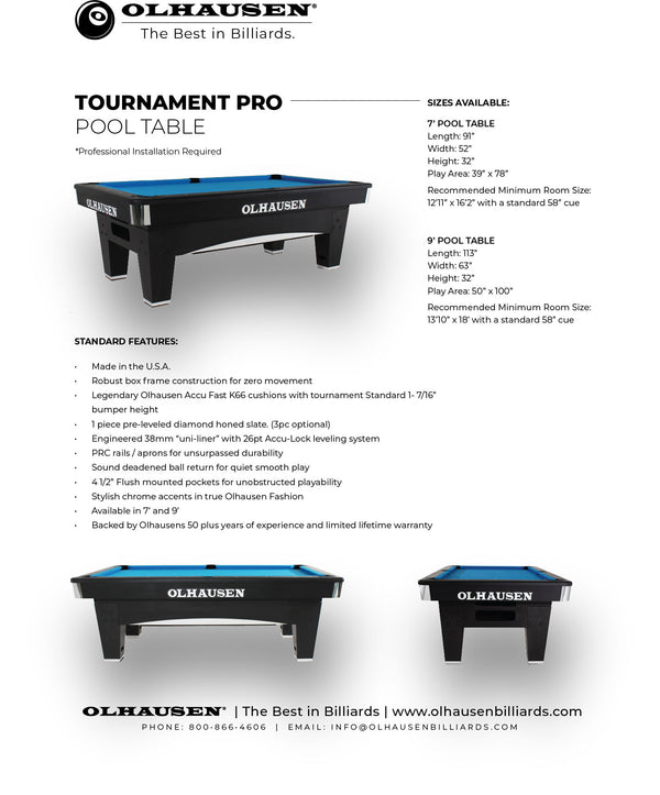 Olhausen Tournament Pro Pool Table sales flyer